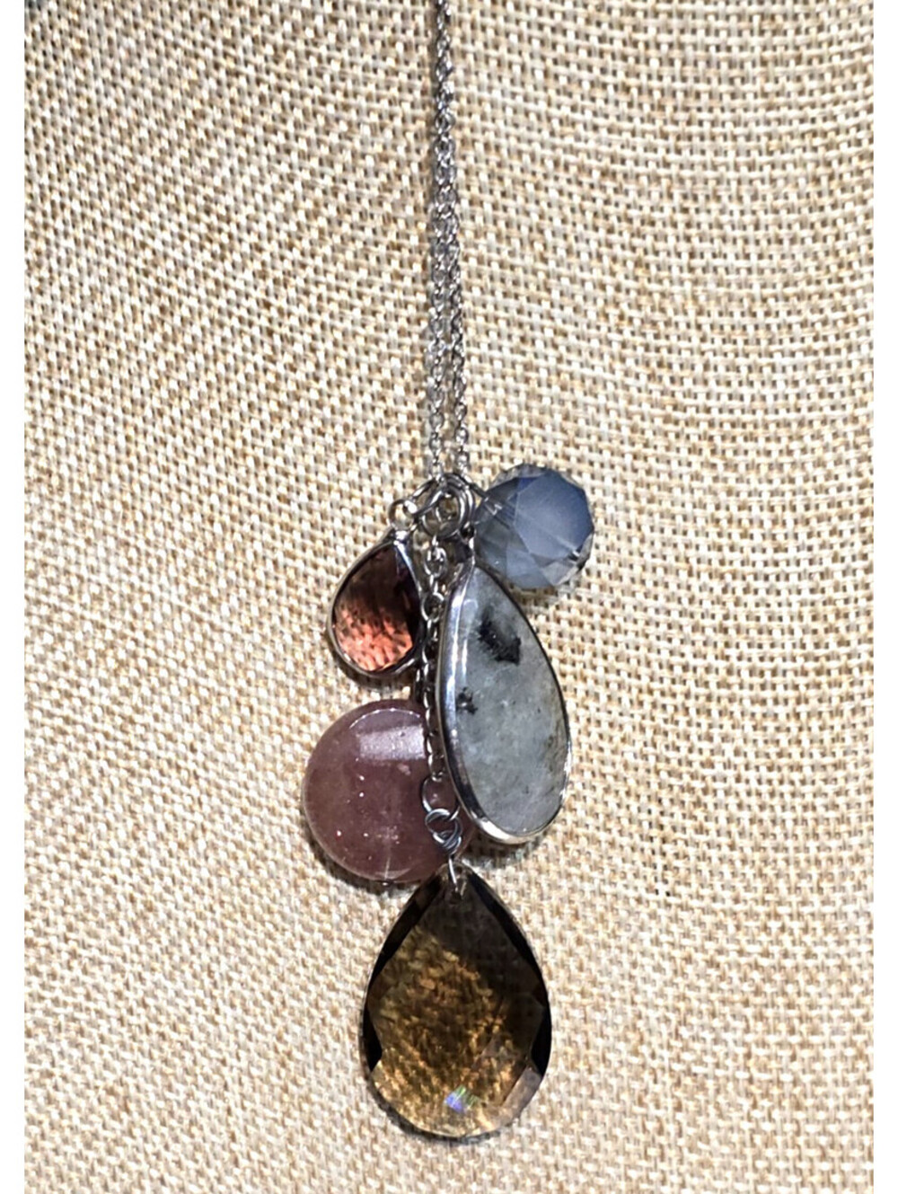 LOFT Long Silver Tone Necklace Multi Pendant Semiprecious